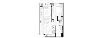 A black and white floor plan of an apartment with labeled rooms.